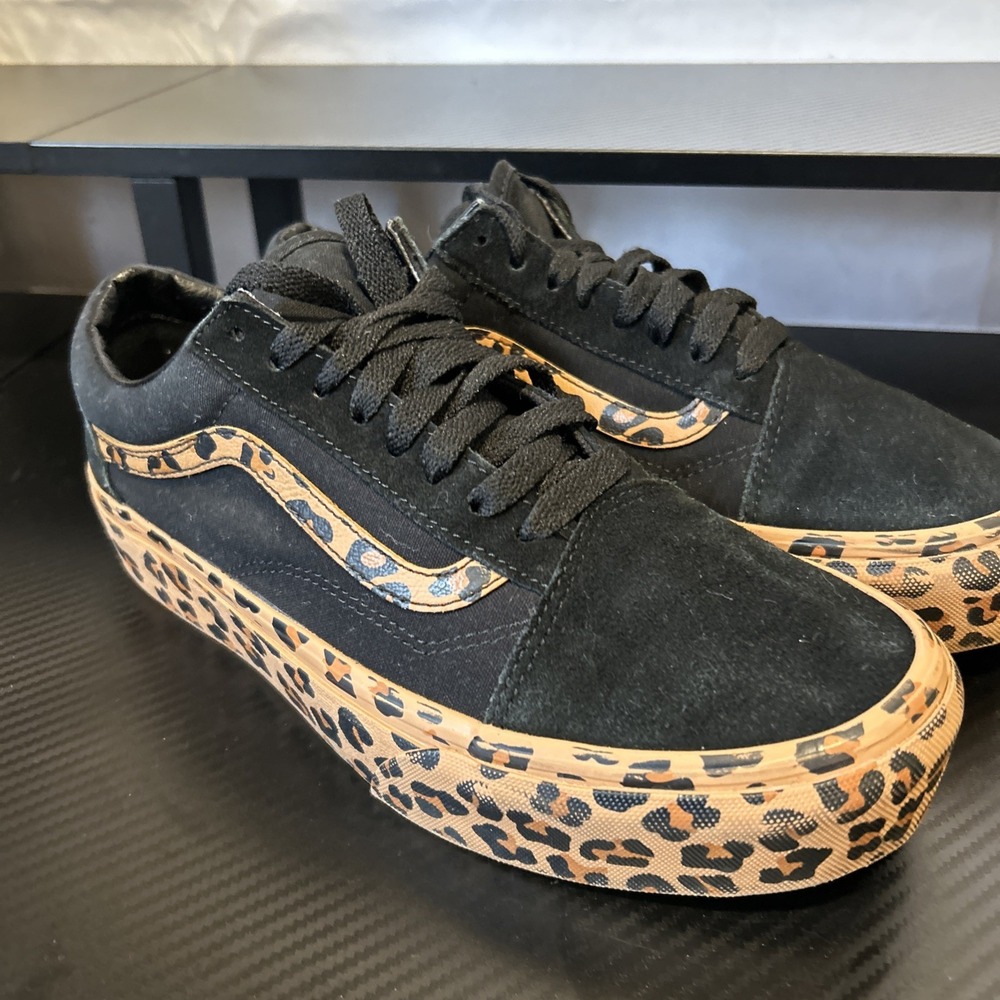 Vans Old Skool Platform Black Brown Leopard Print Trim Shoes 721356 Size 8M 9.5W